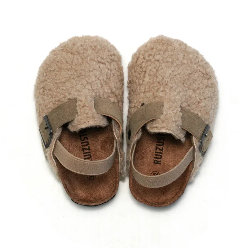 Kind Baby Jungen Mädchen warm Fuzzy Slipper Plüsch Sandalen Kork Kunst pelz Wohnungen Kleinkind Pre walker Slipper elastischen Rücken riemen