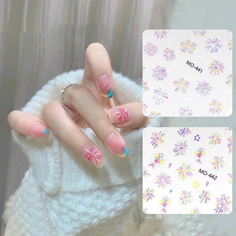 Gold Silver Blooming Fireworks Nail Art Stickers 3D Holographic New Year Xmas Holiday Sliders Adhesive Decal Manicure Decoration