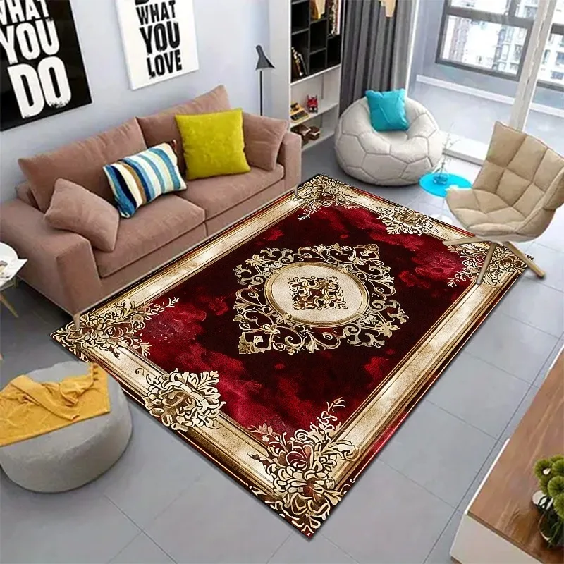 Luxury Vintage Ornate Floral Medallion Pattern Anti Slip Floor Rug Soft Flannel Carpet for Living Room Bedroom Elegant Home Deco