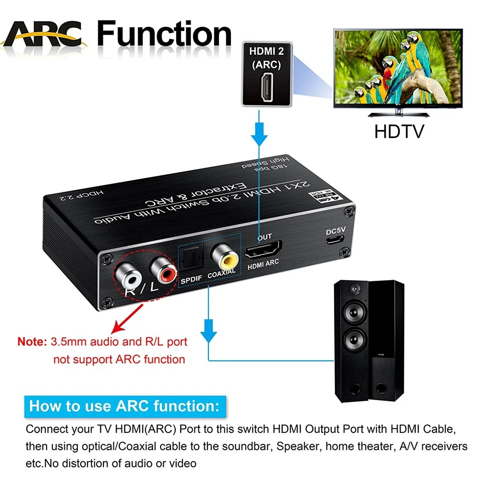 4K HDMI switch Audio Extractor 2 in 1 Out HDMI Switcher with R/L+Toslink SPDIF+COAXIAL Audio Out ARC Audio Switch 2x1 Adapter