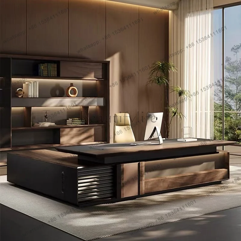 zj.Brown Drawers Executive Office Desk Cheap Designer Adjustable Gaming Computer Desk Study Large Scrivania Work Station Table