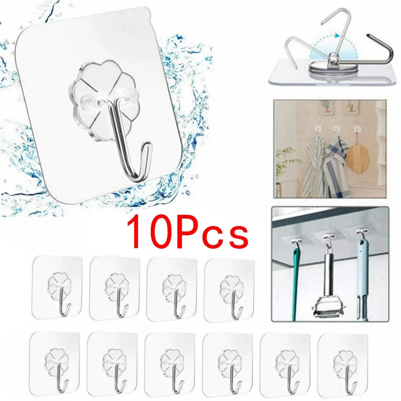 10 Pcs Door Hook Adhesive Wall Hooks Transparent Anti-skid Traceless Heavy Duty Stick on Hook Bathroom Kitchen Wall Sticker