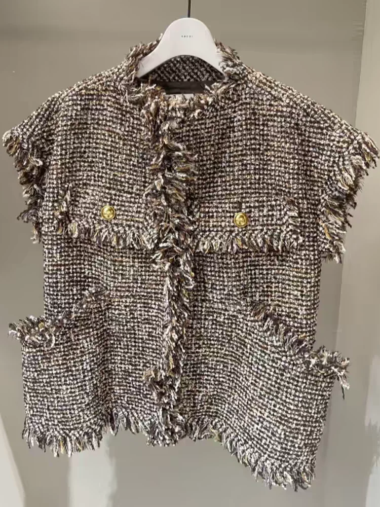 

Женский модный жилет SACAI из смесового хлопка с бахромой, без рукавов, свободного кроя, на одной пуговице, для ранней осени