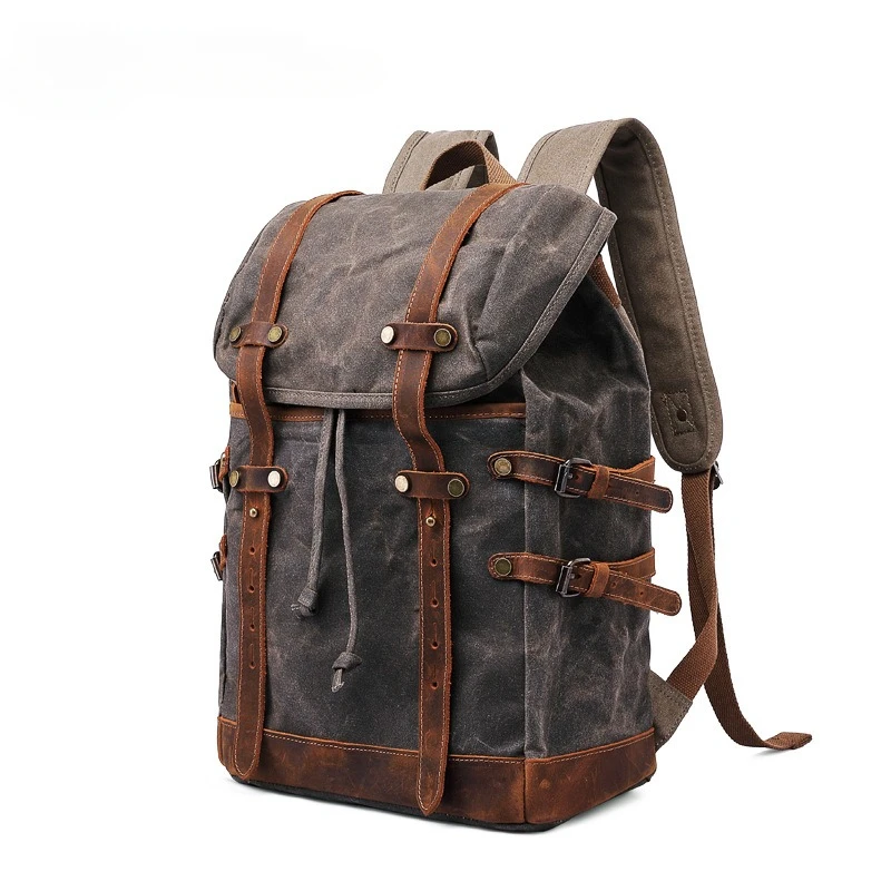 New Wax Canvas Bag with Genuine Leather Travel Outdoor Backpack Horseskin Men\'s Bag