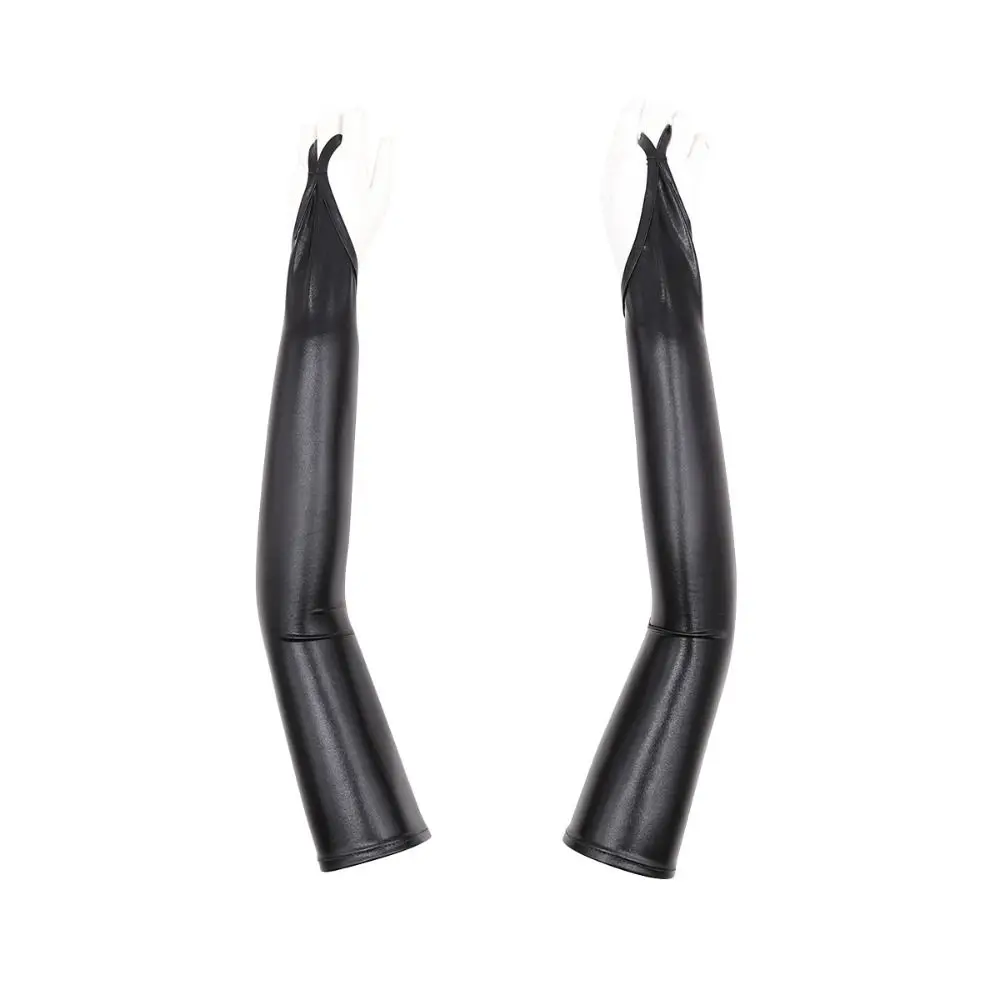 Fingerloses Design Damen-Latex-Handschuhe, lange, glänzende Oberfläche, metallische Handschuhe, dehnbares Material, Nieten-Detail, Wetlook-Handschuhe