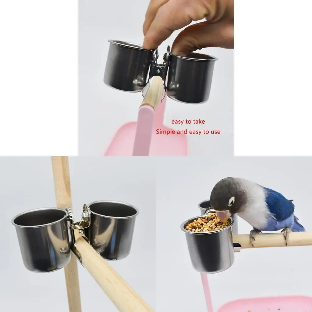 62KD Water Feeding Bird Double Cups With Clip Stainless Steel Parrot Cage Stand Bird Drinking Cup for Feeding Water