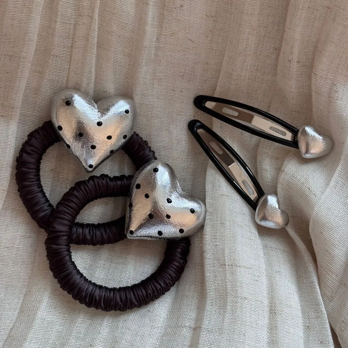 Silver Leather Hair Clip Polka Dot Heart Pattern Non Slip Side Bangs Clip Premium Cute Korean Style Soft Daily Use