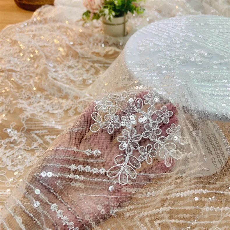 Mesh Wedding Sequins Water-soluble Lace Embroidery Fabric for Clothing Fashion Dress