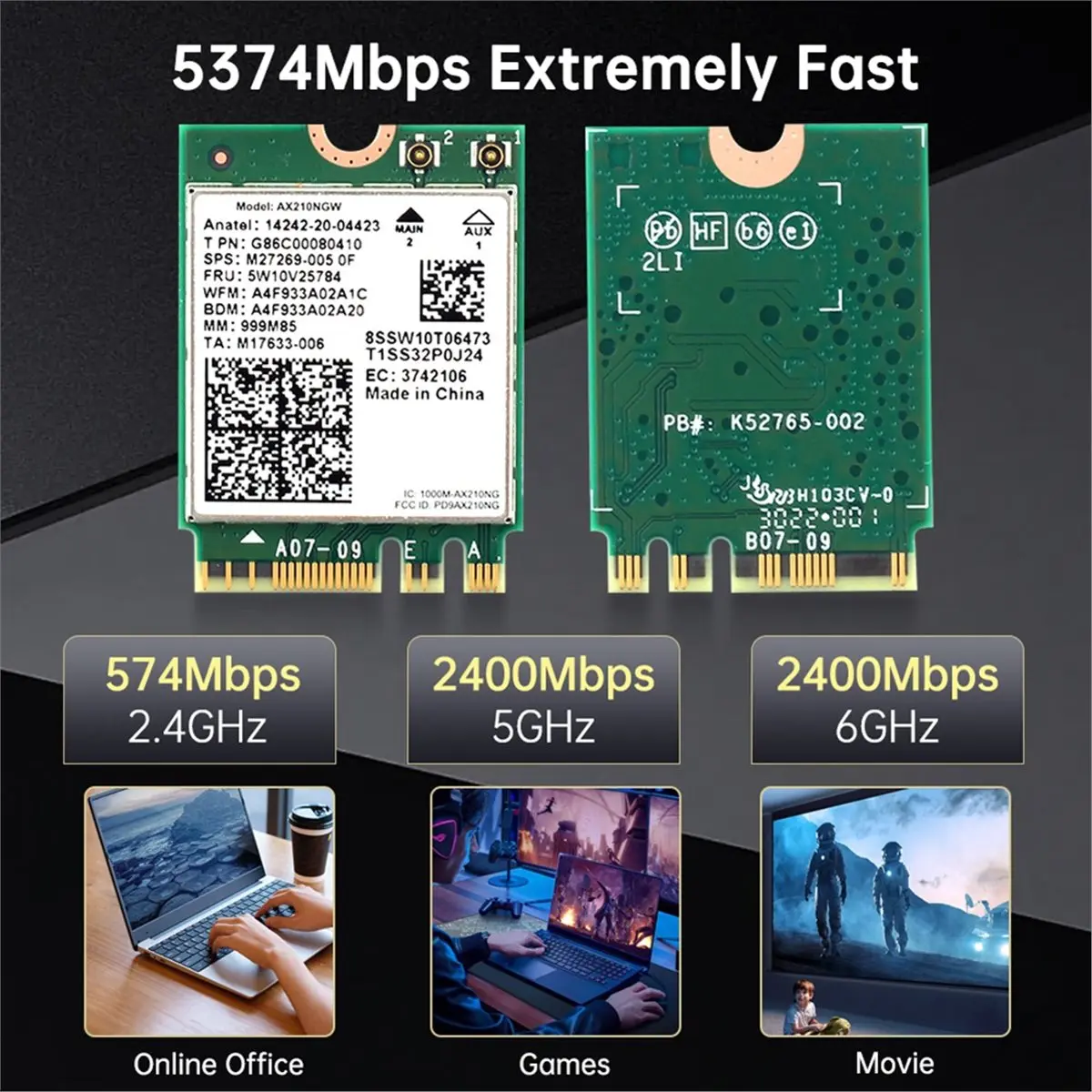 2026 New WiFi6E M.2 Network Card BT5.3 Tri Band 5Ghz/6G/2.4G 5374Mbps 802.11AX Wireless NGFF Network WiFi Card for PC Laptop