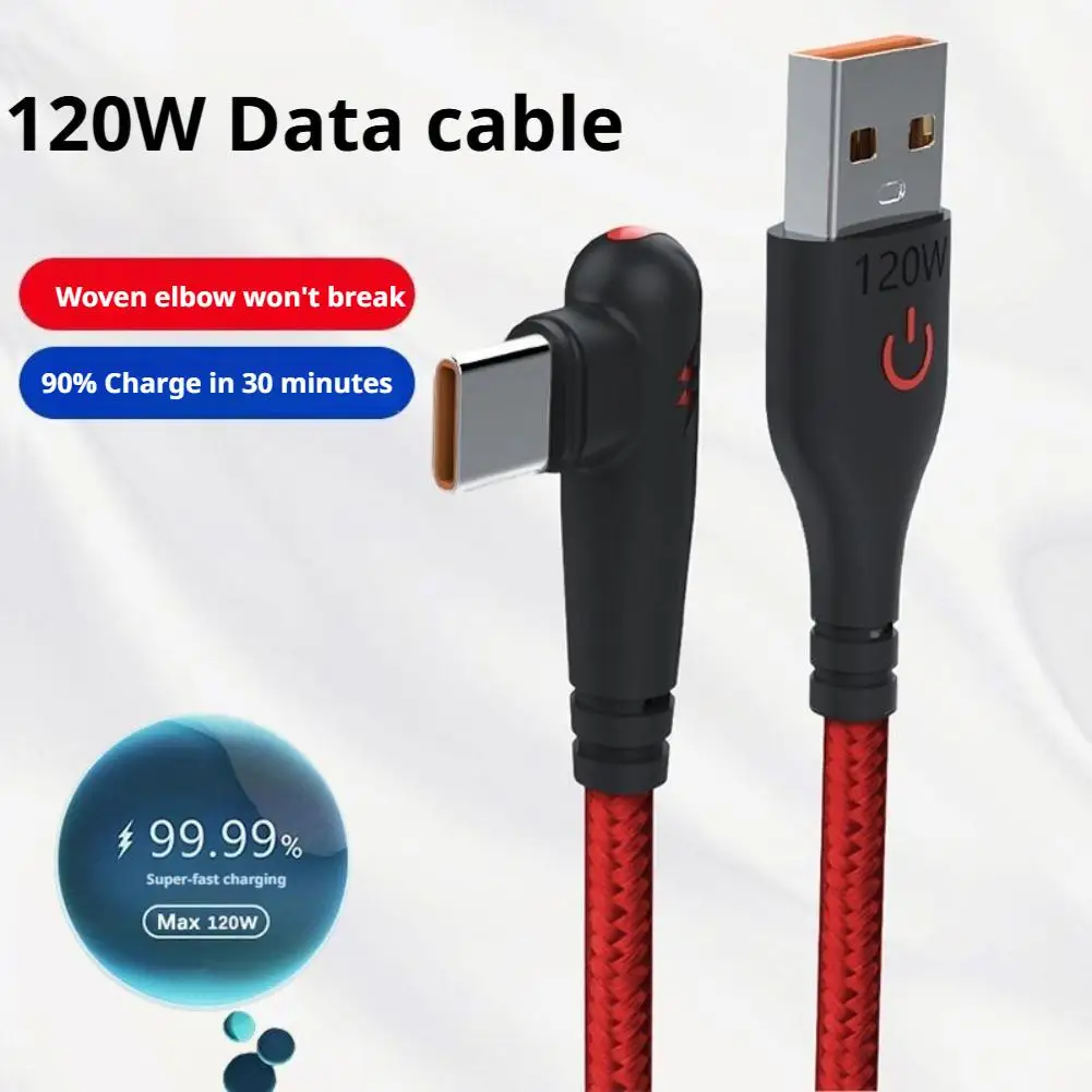 120W 90 Degree Elbow USB to Type C Fast Charging Cable Game Charger Cord High Speed Data Wire For Android Cell Phone