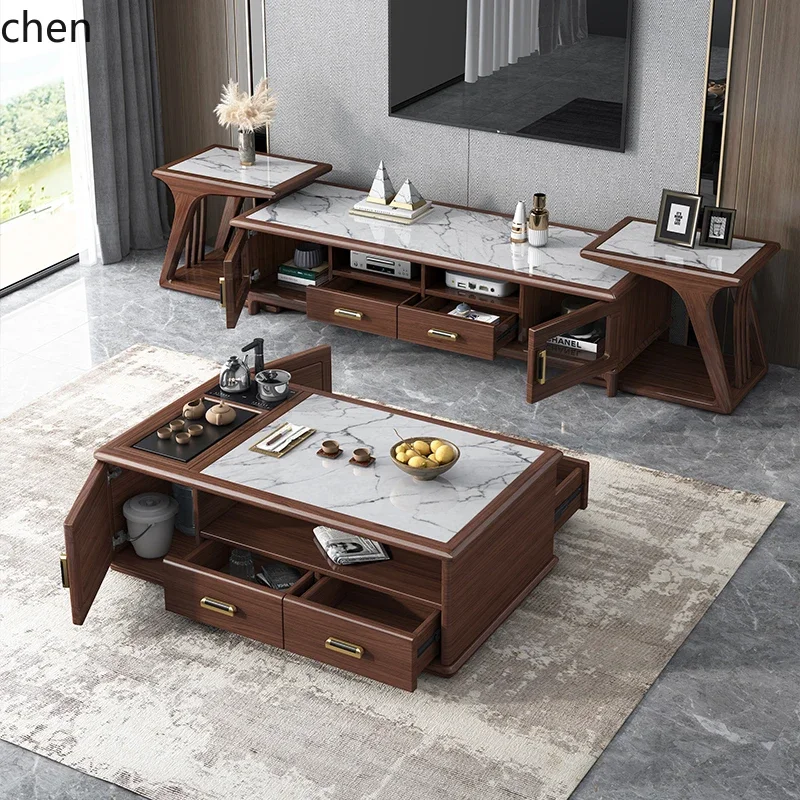 solid wood rock panel TV cabinet coffee table combination modern simple small apartment living room floor cabinet