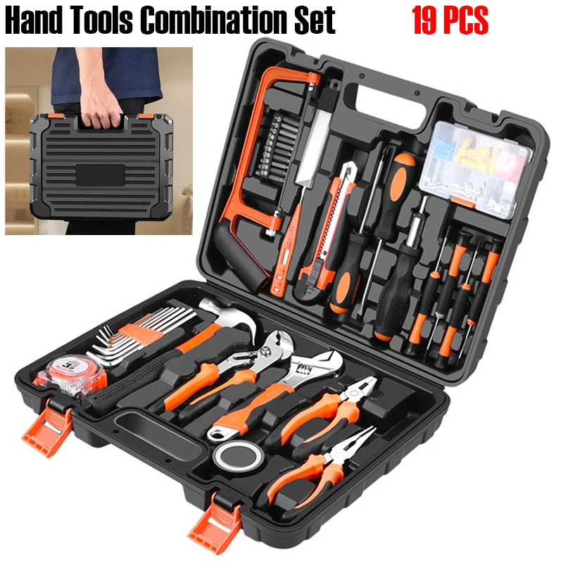 19 PCS Hand Tool Combination Set Hand Saw Screwdriver Wrench  Hammer Pliers Tape Tape Measure Knife Screws Voltage Detection Pen