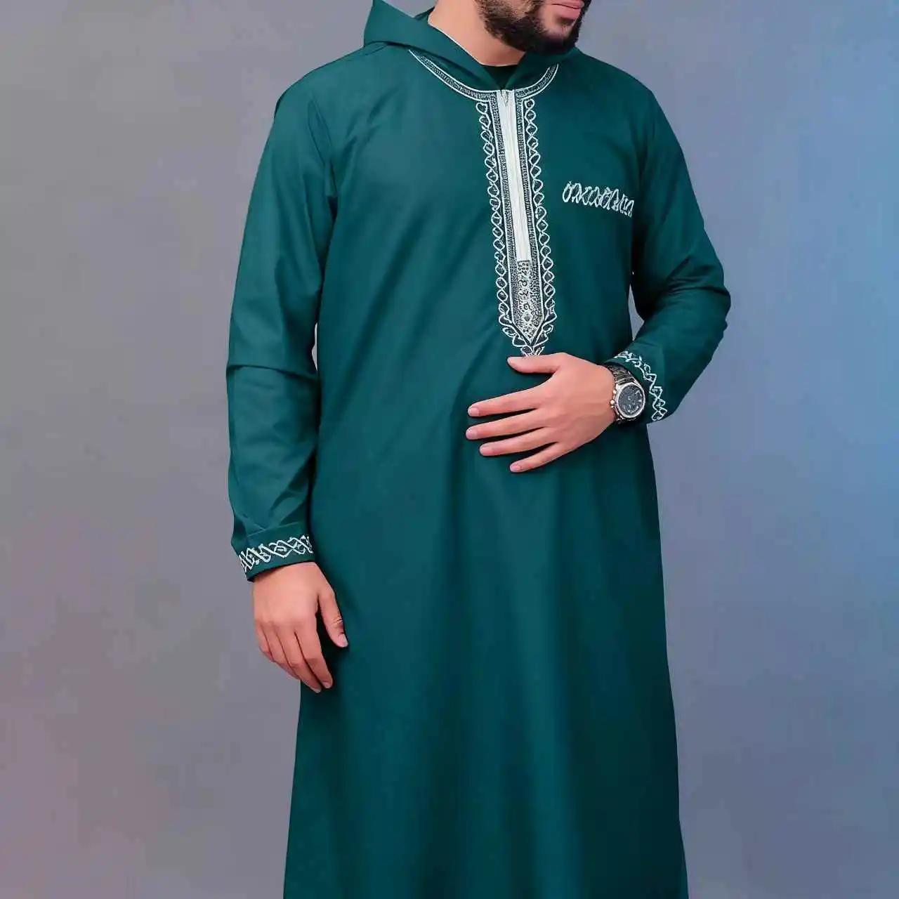 2025 Abito musulmano a maniche lunghe ricamato da uomo di lusso, Jubaso mediorientale, abito con cappuccio più ampio rispetto alle abiti tradizionali