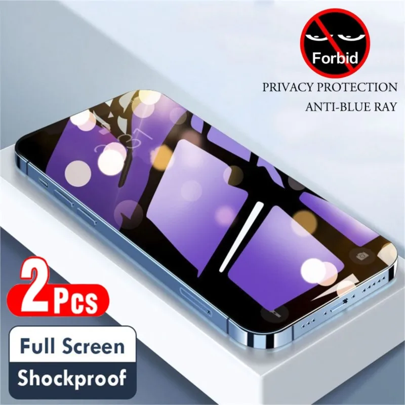 2Pcs Purple Light Privacy Protection Tempered Glass Film for iPhone 15 14 Plus 13 12 Mini 11 Pro X XS Max XR Anti BlueRay Screen