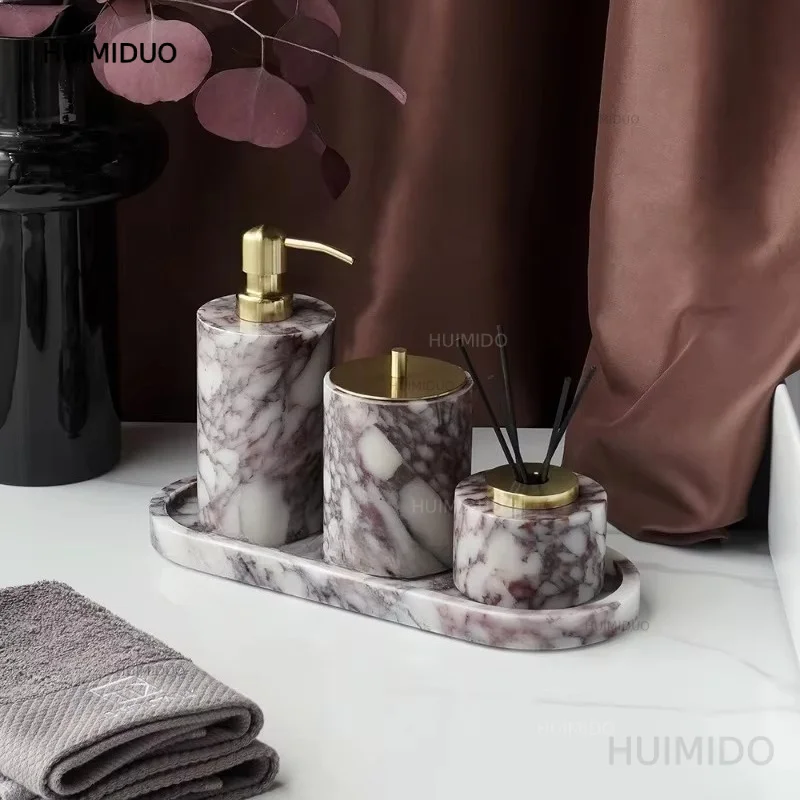 Calacatta Viola Violet Natural Marble Bathroom Accessories Set Luxury Soap Dispenser Cotton Swabs Jar Tray Bathroom Set