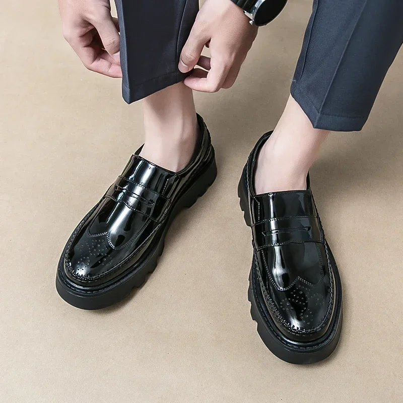 New Black Patent Leather Loafers Platform Men Shoes Round Toe Solid Slip-On Size 38-44  Mens Shoes