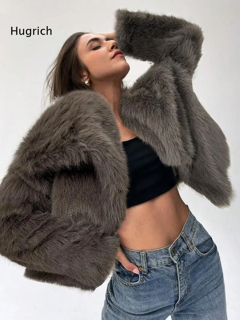 Women Cropped Faux Fur Jacket Lapel Long Sleeve Open Front Fluffy Short Coat Winter Fashion Streetwear Outerwear