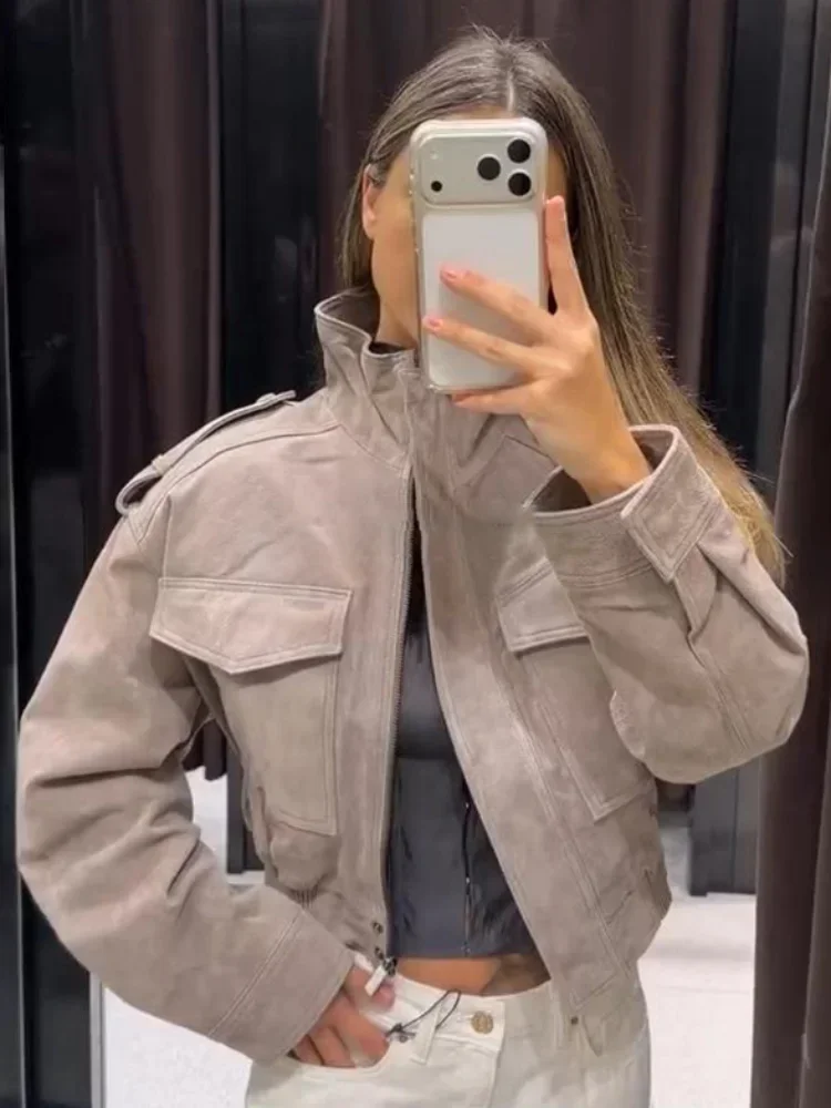 Damen-Wildleder-Bomberjacke, lockerer Schnitt, Stehkragen, Reißverschluss, lange Ärmel, elastischer Saum, einfarbig, kurze Jacke, Herbst 2026, Damen-Streetwear-Mantel