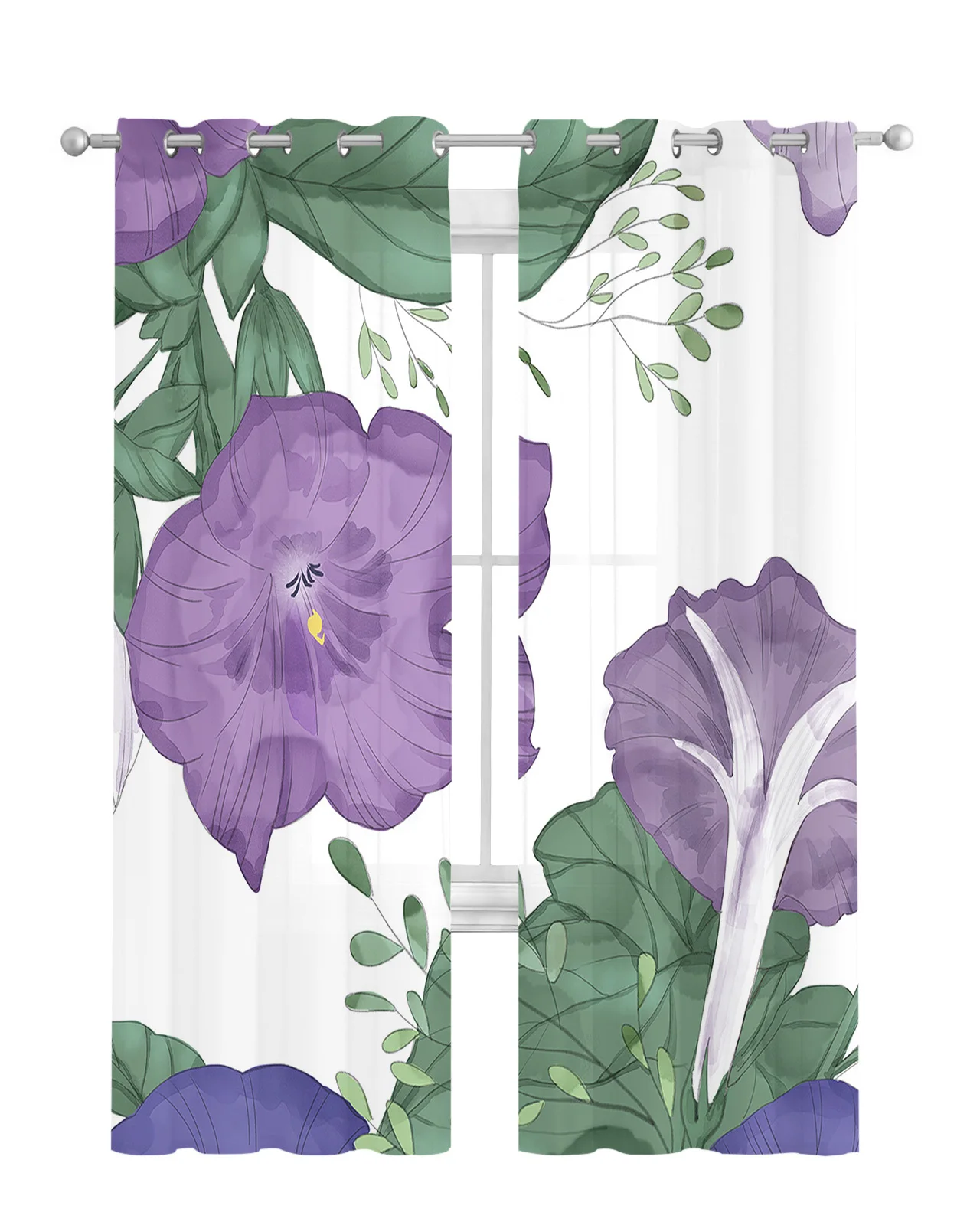 Purple Plant Flower Illustration Modern Tulle Curtains Living Room Kitchen Sheer Window Treatments Voile Drapes With Grommets