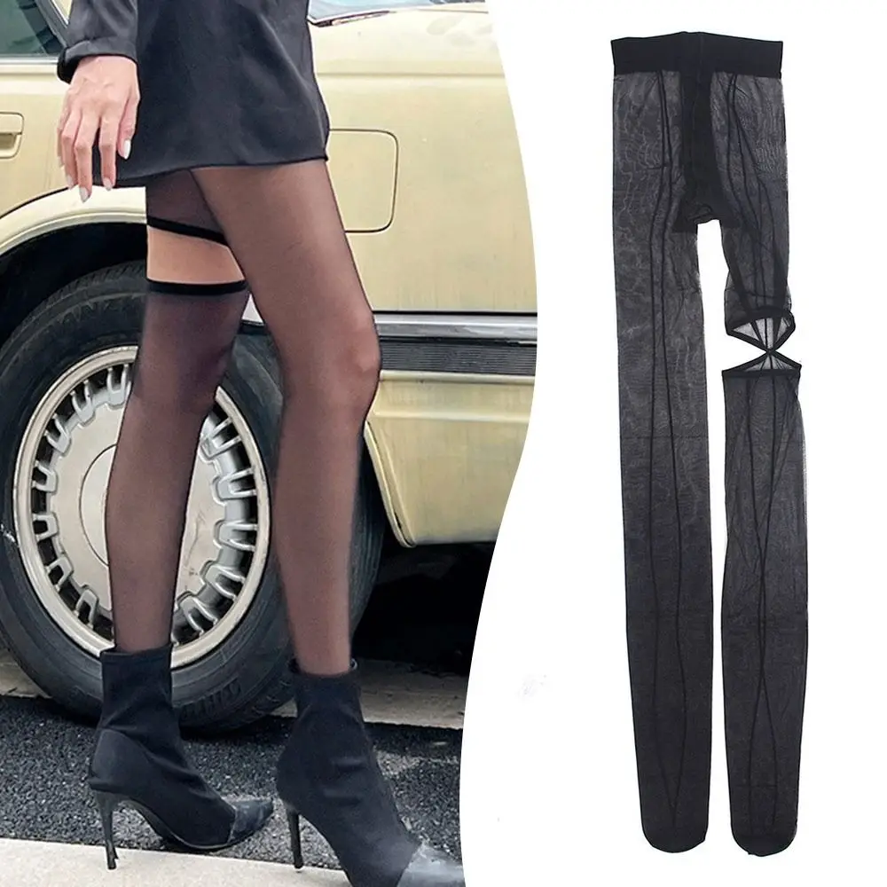 Stoking Wanita Model High Pantyhose Berlubang Asimetris, Legging Transparan Seksi dan Menarik