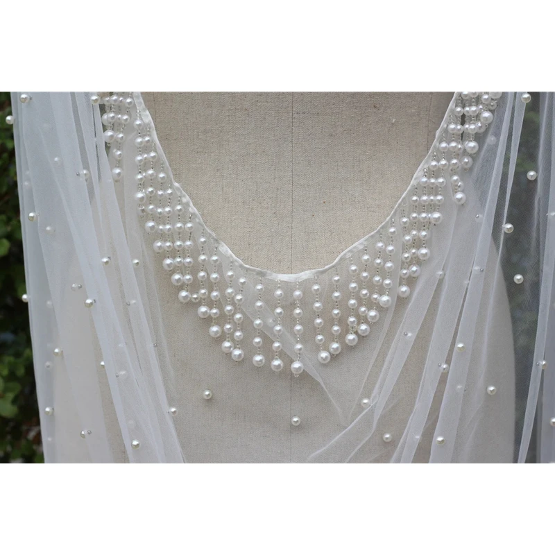 Pearls Tassels Bridal Wedding Draped Shoulder Veils For Brides Cathedral Long Beaded Starry Ivory White Cloak Accessories 2 3 4m