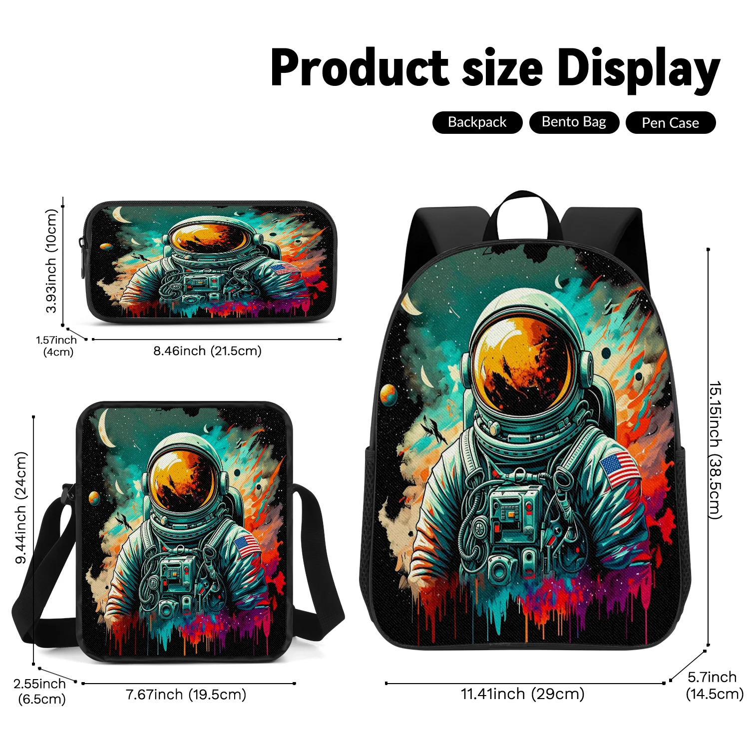 3-Piece Graffiti Space Astronaut Print Backpack Set, Includes Backpack, Crossbody Bag and Pencil Case, Lightweight Unisex
