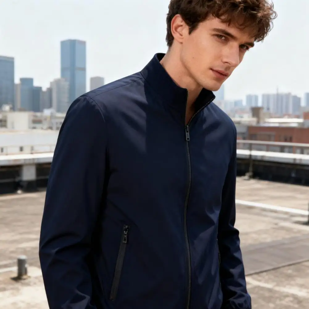 Men Windproof Jacket Men's Stand Collar Jacket Windproof Long Sleeve Outerwear with Zipper Closure Smart Temperament Coat
