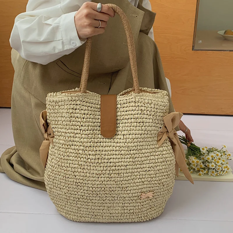 

Сумка-тоут ручной работы с бантом, легкая и дышащая пляжная сумка, повседневная сумка в стиле ретро-бохо, вместительная сумка через плечо