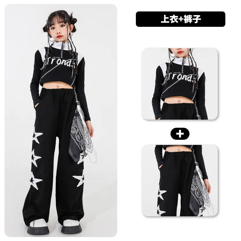 Kostum Tari Jazz Anak Perempuan Atasan Pusar Hitam Manis dan Keren Setelan Celana Putih Pakaian Panggung Pertunjukan Kelompok Anak-anak