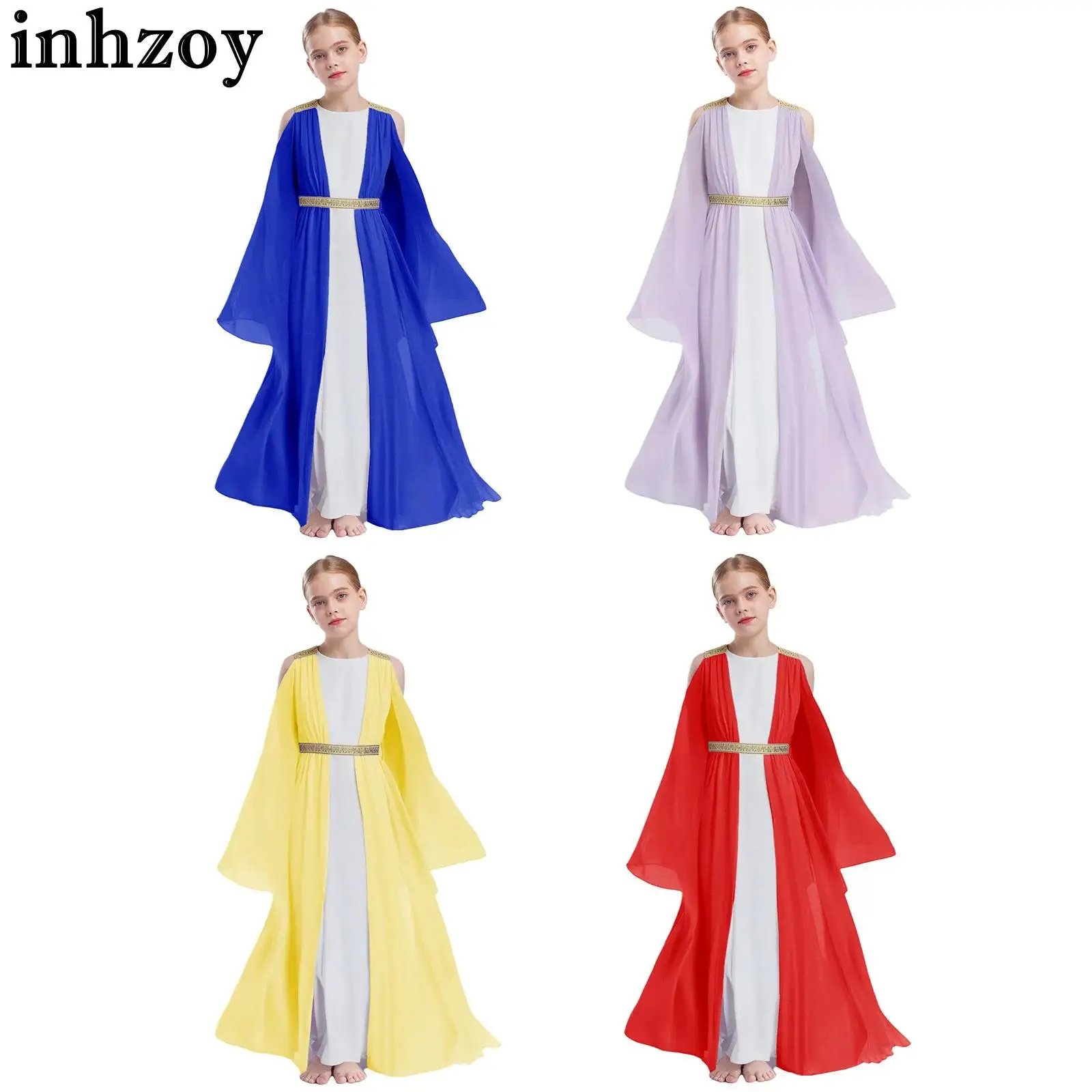 Teen Girl Halloween Christmas Worship Praise Dance Dress Long Sleeve Toga Ancient Greek Roman Goddesses Princess Cosplay Costume