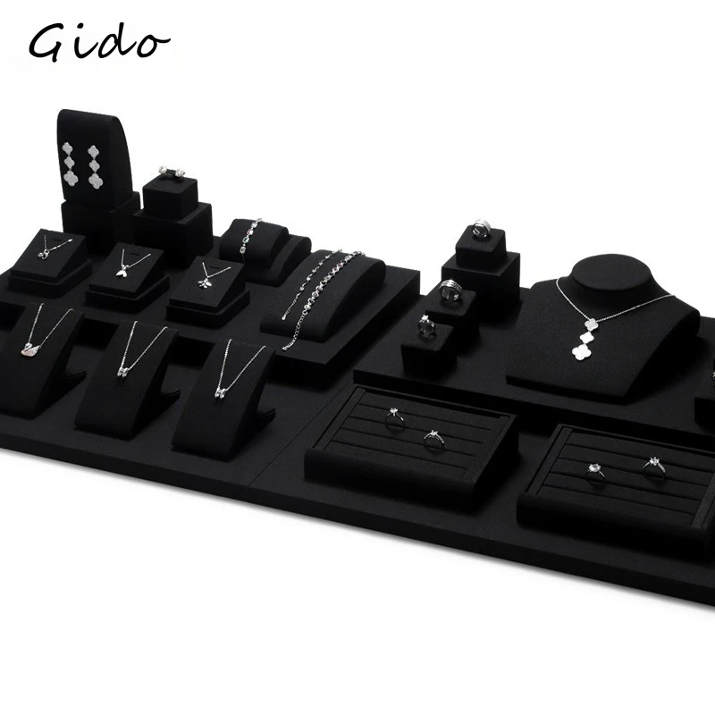 Premium Black Microfiber velvet Jewelry Display Stand Ring Necklace Earring Showcase Props Tray for Retail Shop