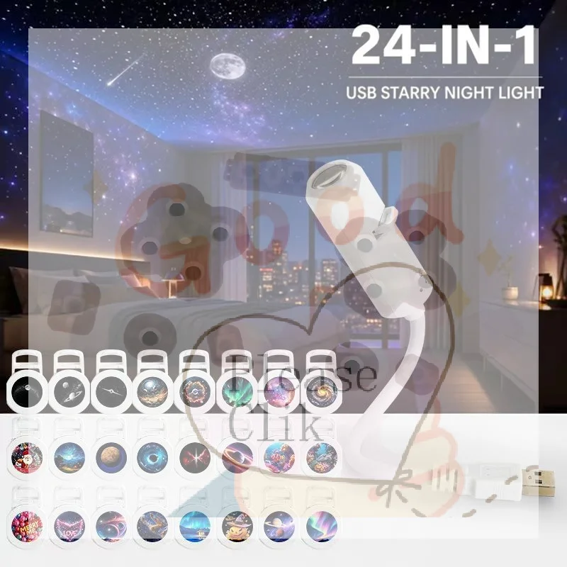 USB Starry Sky Projector Lamp 360° Rotatable Flexible Hose Planet Galaxy Projection Light With 3/6/12/24Pcs Film Slides Bedroom