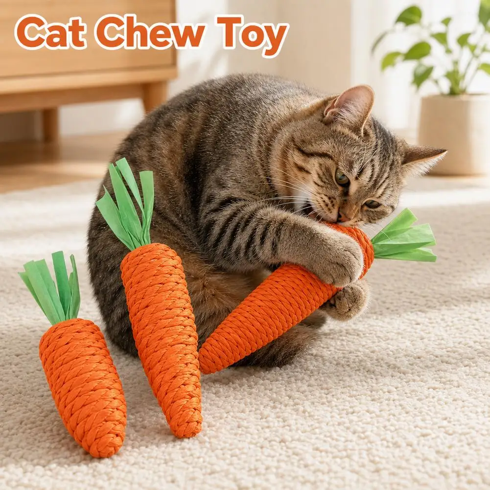 2 Pcs Woven Paper Rope Cat Toy Carrot Shaped Scratching Chew Toy Squeaky Rustling Sound Teeth Cleaning Toy for Cats Rabbits