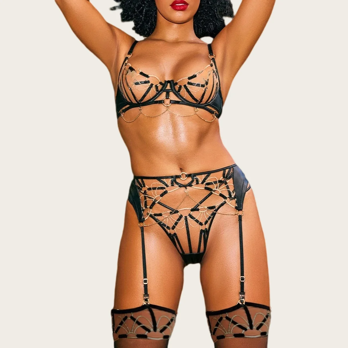 Sexy lingerie stitching metal chain cutout underwear 4-piece set transparent passion temptation leg ring erotic underwear