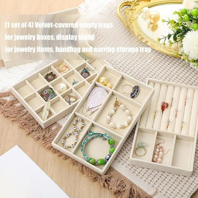

H7EB Pack of 4 Portable Velvets Covered Jewelry Storage Case with 4 Layout Option Suitable for Own Accessories Management