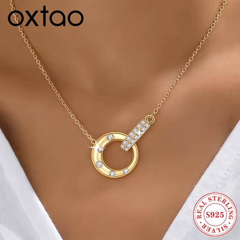 

Ожерелье OXTAO Möbius с двойным кругом и подвеской для женщин, цепочка из настоящего серебра 925 пробы, с муассанитом и выращенным в лаборатории бриллиантом, роскошное ювелирное украшение для вечеринок