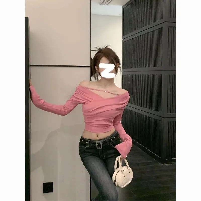 

Pure Desire To Look Thin One-word Shoulder Slim Short Long-sleeved Versatile Design Bottoming Shirt Top Women Exquisite Simple