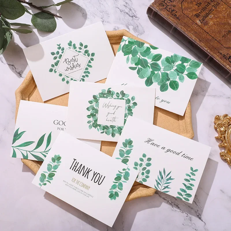 Juego de 6 hojas de tarjetas de felicitación de agradecimiento de hoja verde, decoración de regalo, tarjeta de mensaje, tarjeta de cumpleaños de Acción de Gracias Simple y fresca