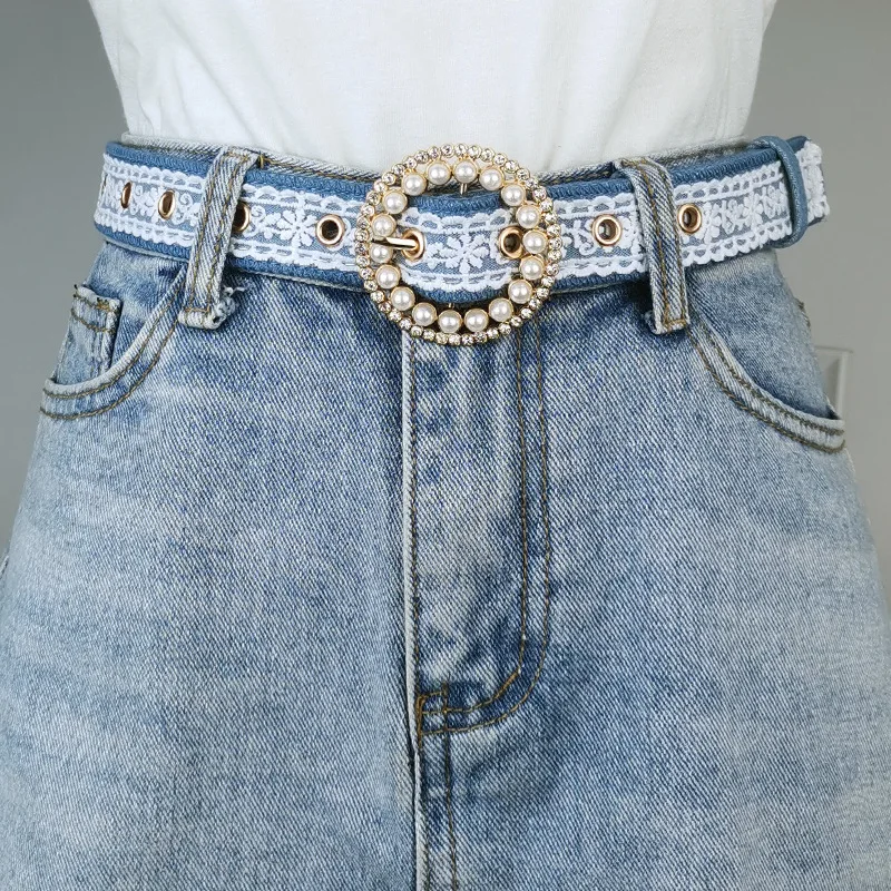 

Модный кружевной джинсовый ремень 2025 года, жаккардовый цветочный дизайн белого цвета, модный пояс для школьницы, прочный повседневный аксессуар Blelts