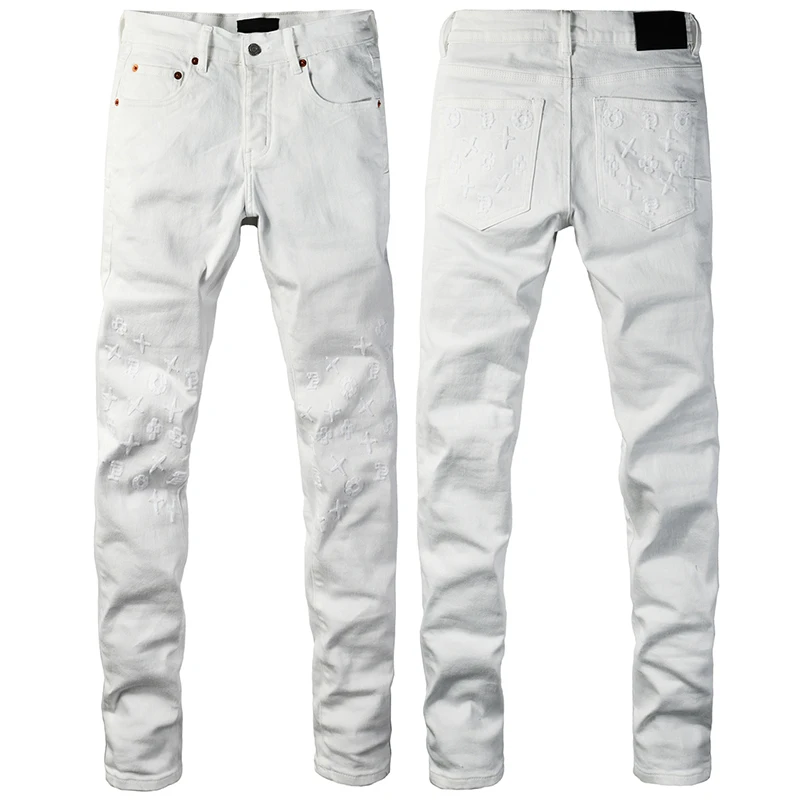 

European American High Street Men's Trendy Jeans White Slim Skinny Jeans Raised Pattern Prints Hip-hop Rock Roll Pop Denim Pants