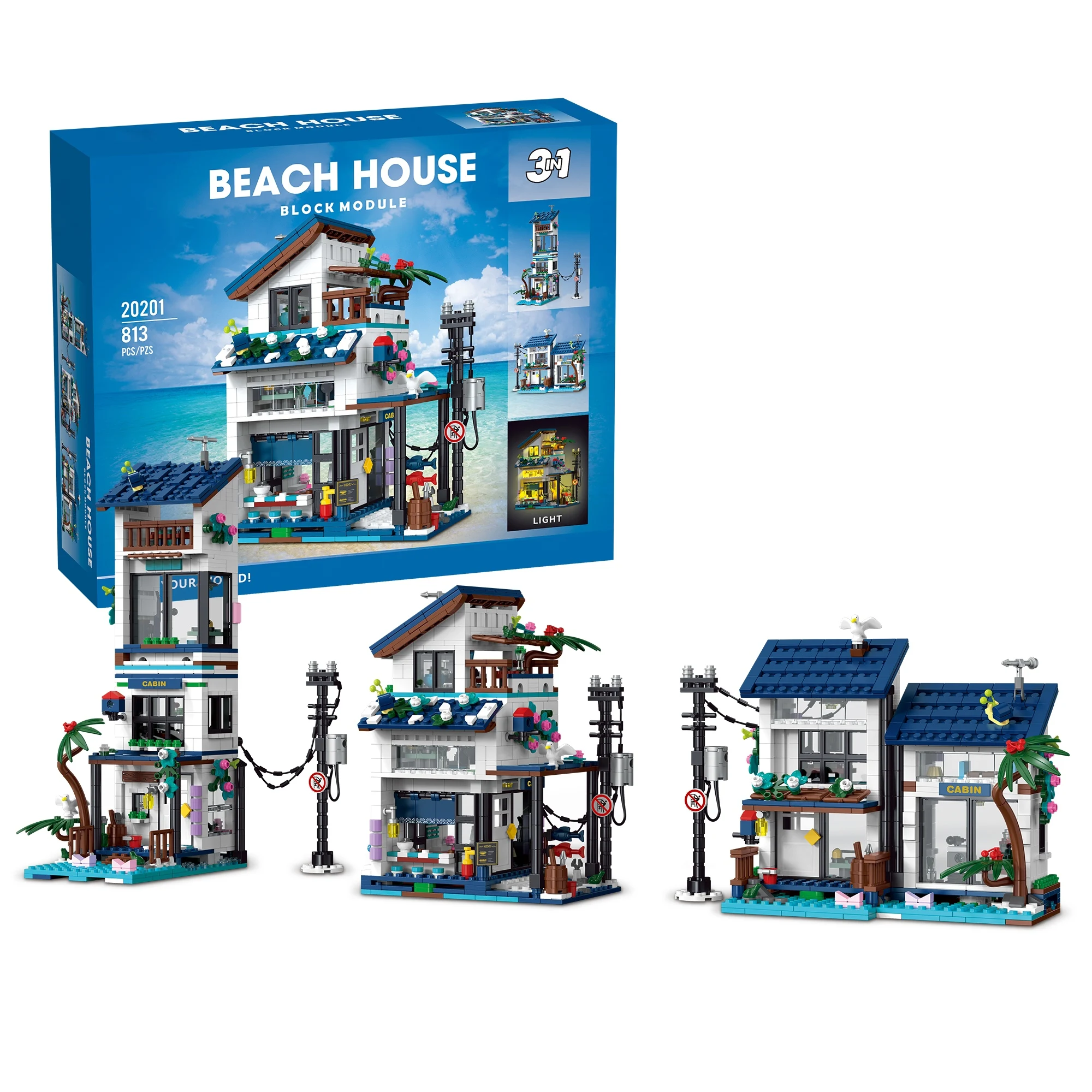 3-in-1 Seaside Villa Building Blocks Set, DIY Architectural Model Kit, Creative MOC Model Assembly Toy Birthday Gift for Kids