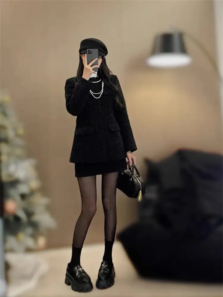 Insozkdg Elegant Lady Chic Suit Jacket Winter New Fashion Age-Reducing High Waist Hip-Wrapped Half Skirt Two-Piece Set Women