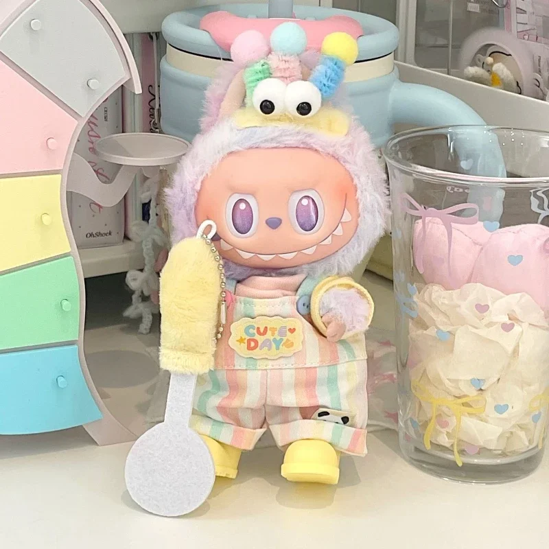 Suitable for Labubu V1 V2 V3 17cm Vinyl Dolls Clothes Headdress Tops Overalls Shoes Four-piece Set Trendy Cool Accessories Gifts