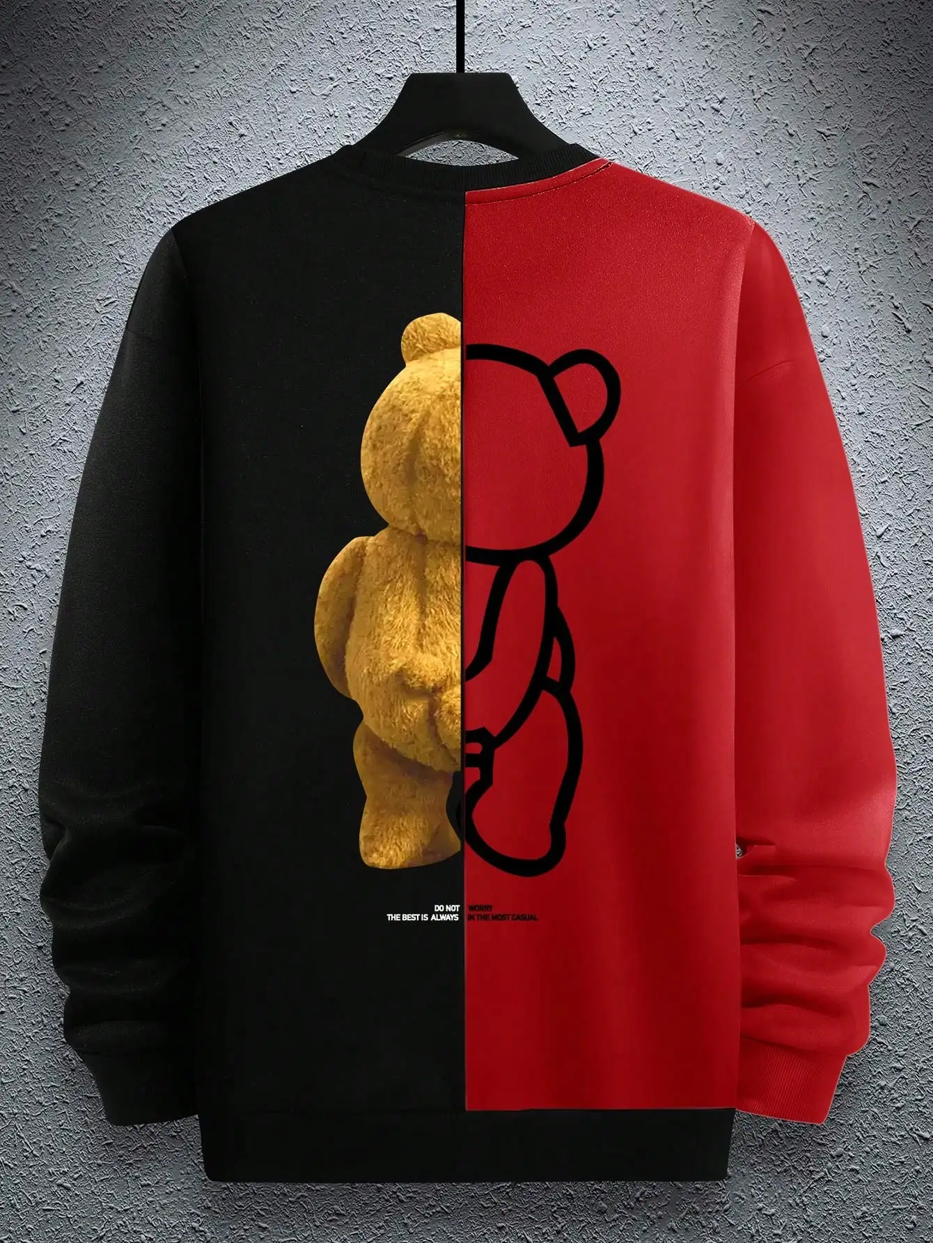 

Men's Loose Fit Two Tone Sweatshirt with Split Bear Graphic, Fall Winter Casual Long Sleeve Top