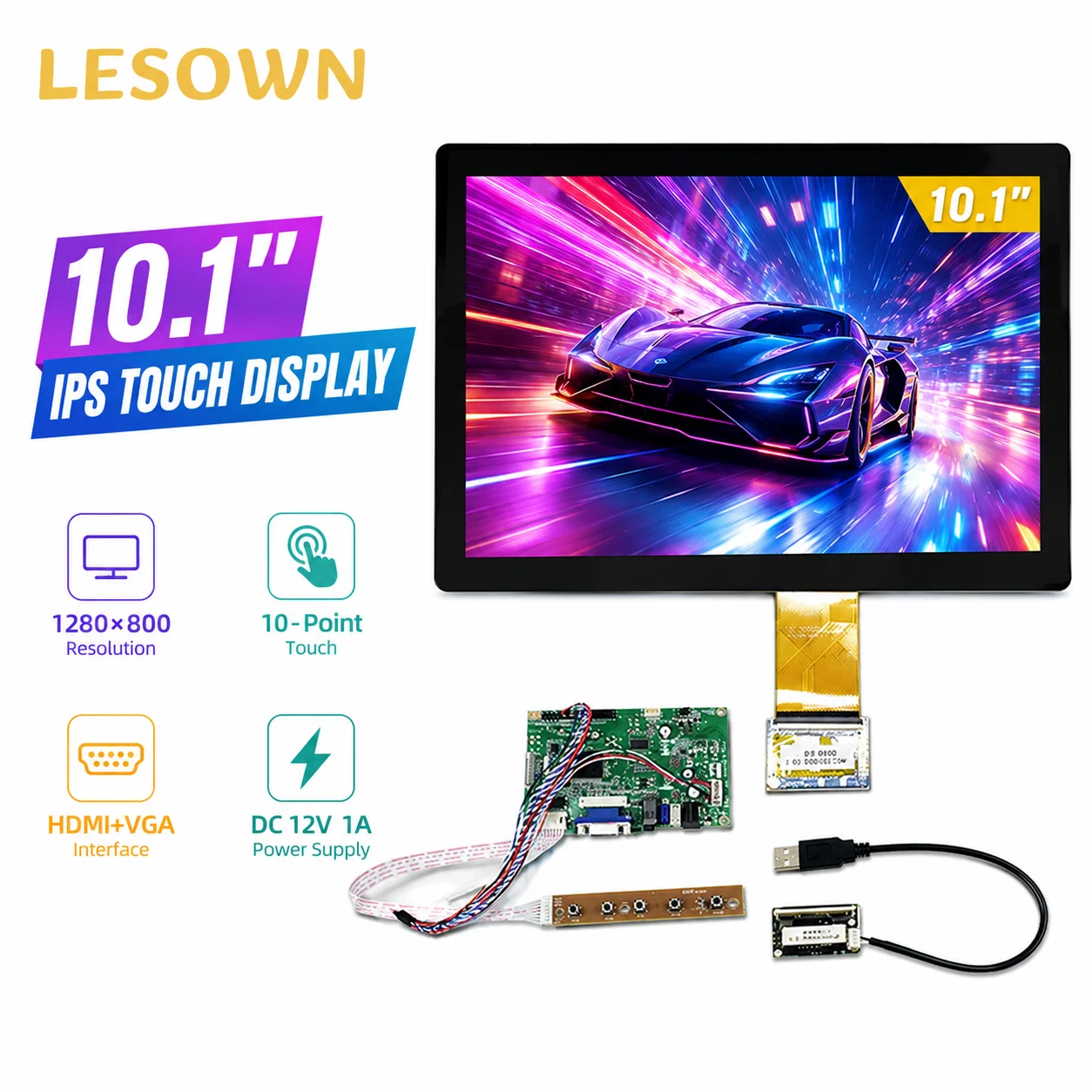 LESOWN 10.1" LVDS Touch Module High-Precision G+G Glass Display with Speaker and Signal Output Support