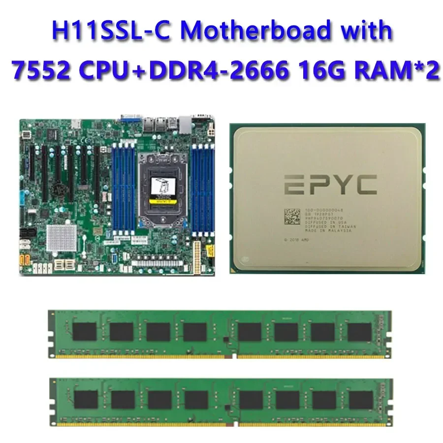 For Supermicro H11SSL-C Motherboard Socket SP3 180W TDP with Dual EPYC 7552 CPU Processor 2pcs DDR4 16GB 2666mhz RAM REV2.0