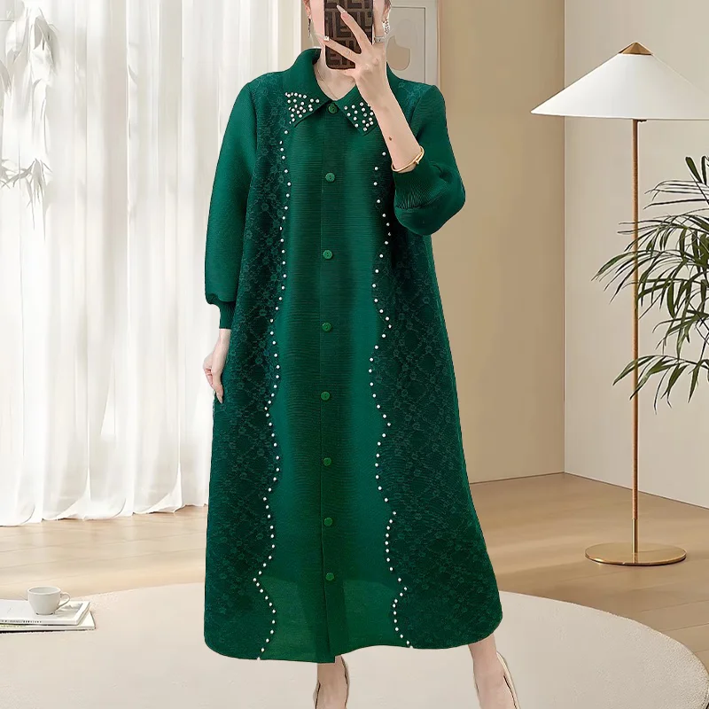 

Miyake Pleated Dress Casual Loose Plus Size Long Cardigan Japanese Original 2025 Spring Jacket Lace Splicing Women's Clothing