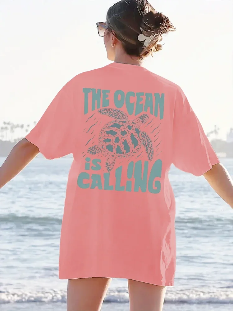 2024 New Cute Turtle Letter Printed T-shirt Summer Short Sleeved Round Neck Casual Top Pure Cotton Women\'s Fashion Clothing
