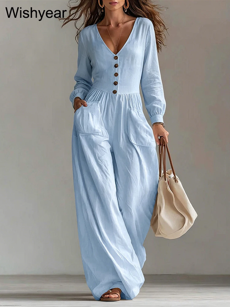 Women Fall V Neck Button Jumpsuit Long Sleeve High Waist Wide Leg Pants One Pieces Elegant Casual Romper Office Dating Travel