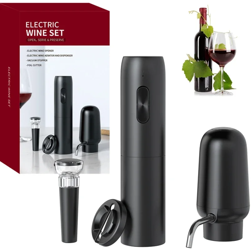 

Rechargeable Wine Opener Set 4-in-1 Bottle Opener Corkscrew Wine Bottle Opener with Foil Cutter & Stopper Electric Wine Decanter